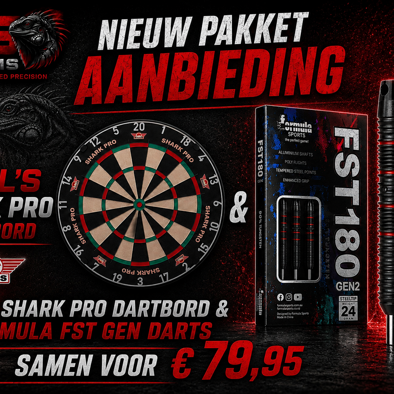 Dart Pakket
Bull's Shark Pro dartbord
Formula FST180 Gen2 dartpijlen

